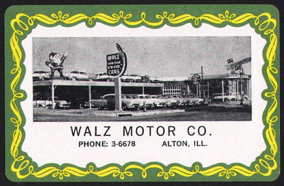 Vintage playing card WALZ MOTOR CO green border dealership pictured Al