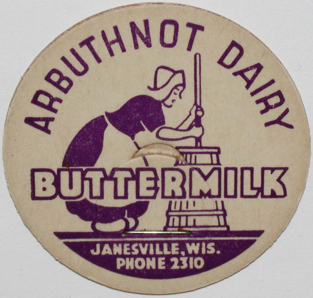 Vintage milk bottle cap ARBUTHNOT DAIRY Buttermilk milkmaid Janesville
