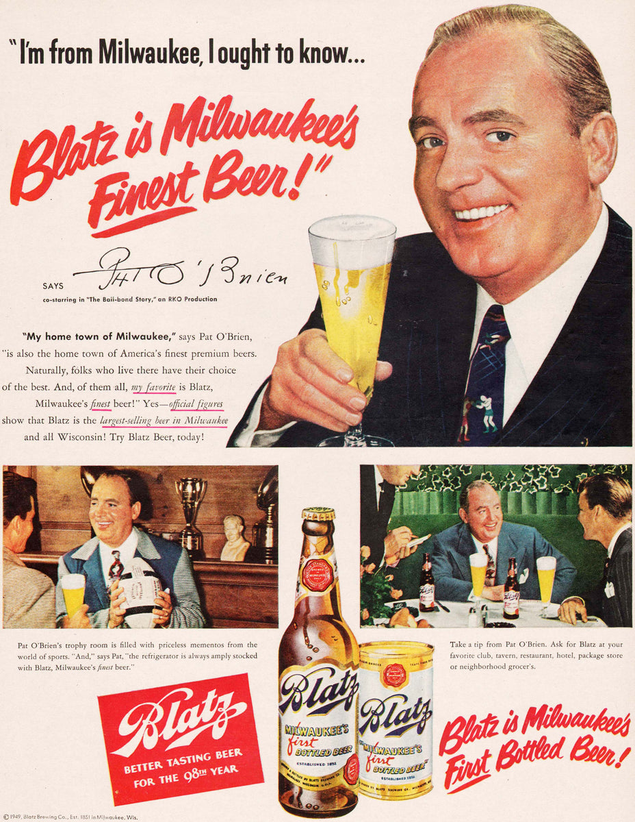 Vintage magazine ad BLATZ BEER from 1949 with Pat O-Brien in The Bail –  Mistercola