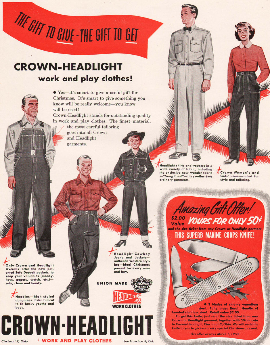 Vintage magazine ad CROWN HEADLIGHT overalls from 1951