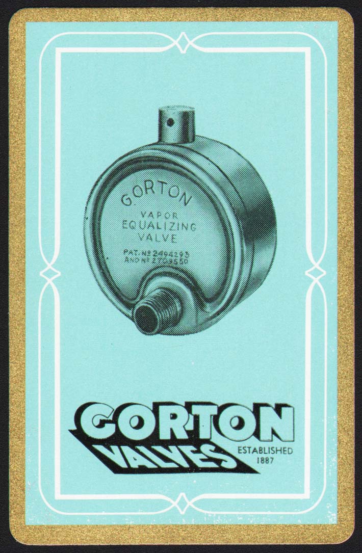 Vintage playing card GORTON VALVES picture blue background Cranford Ne