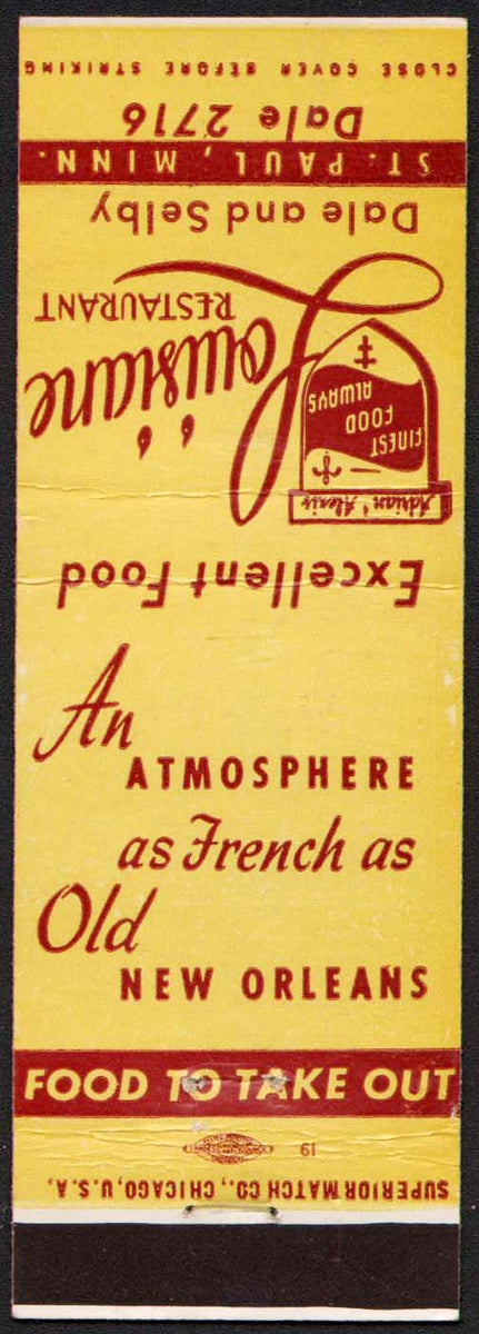 Vintage matchbook cover LOUISIANE RESTAURANT Dale and Selby St