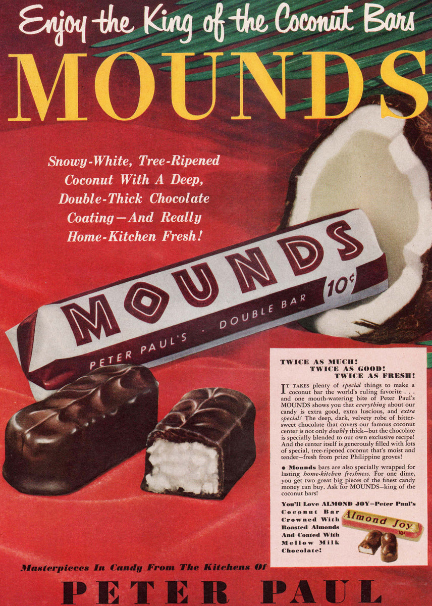 Vintage magazine ad MOUNDS from 1950 Peter Paul candy bar pictured ful