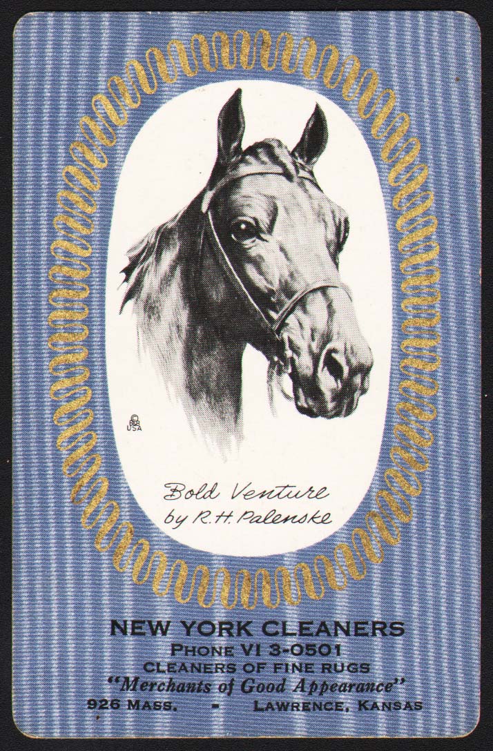 Vintage playing card NEW YORK CLEANERS Bold Venture horse Palenske