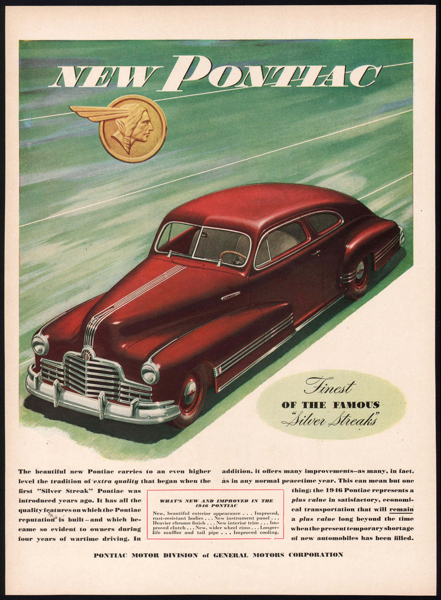 Vintage magazine ad PONTIAC AUTOMOBILE 1945 Indian medallion Silver Streak  GM