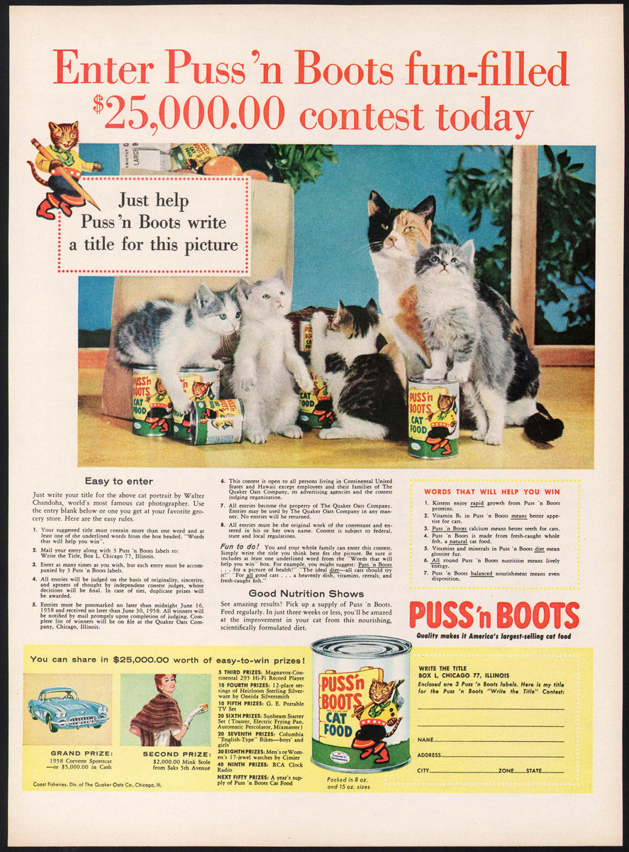 Vintage magazine ad PUSS N BOOTS CAT FOOD 1958 kitties and contest