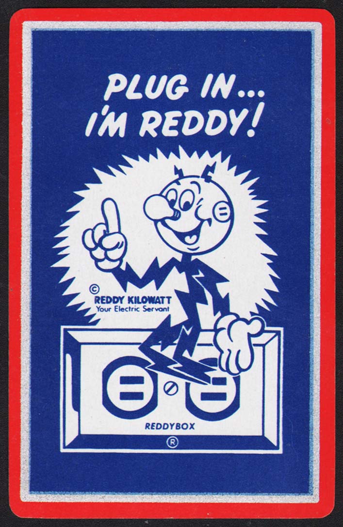 Vintage playing card REDDY KILOWATT blue background Plug In I'm