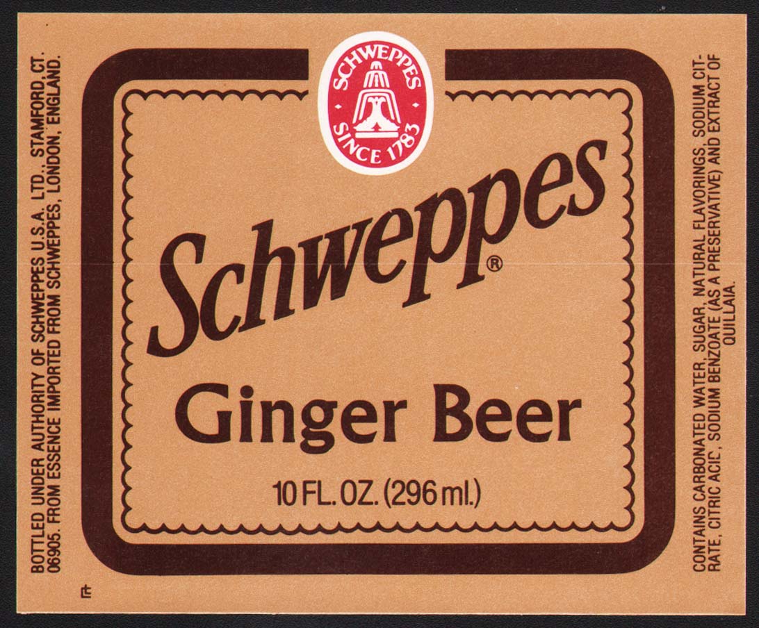 Vintage soda pop bottle label SCHWEPPES GINGER BEER 10oz size Stamford CT  n-mint+