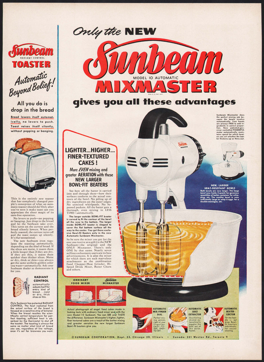 Near PERFECT Vintage Sunbeam Mixmaster mixer , 4 Beaters , 2 Large