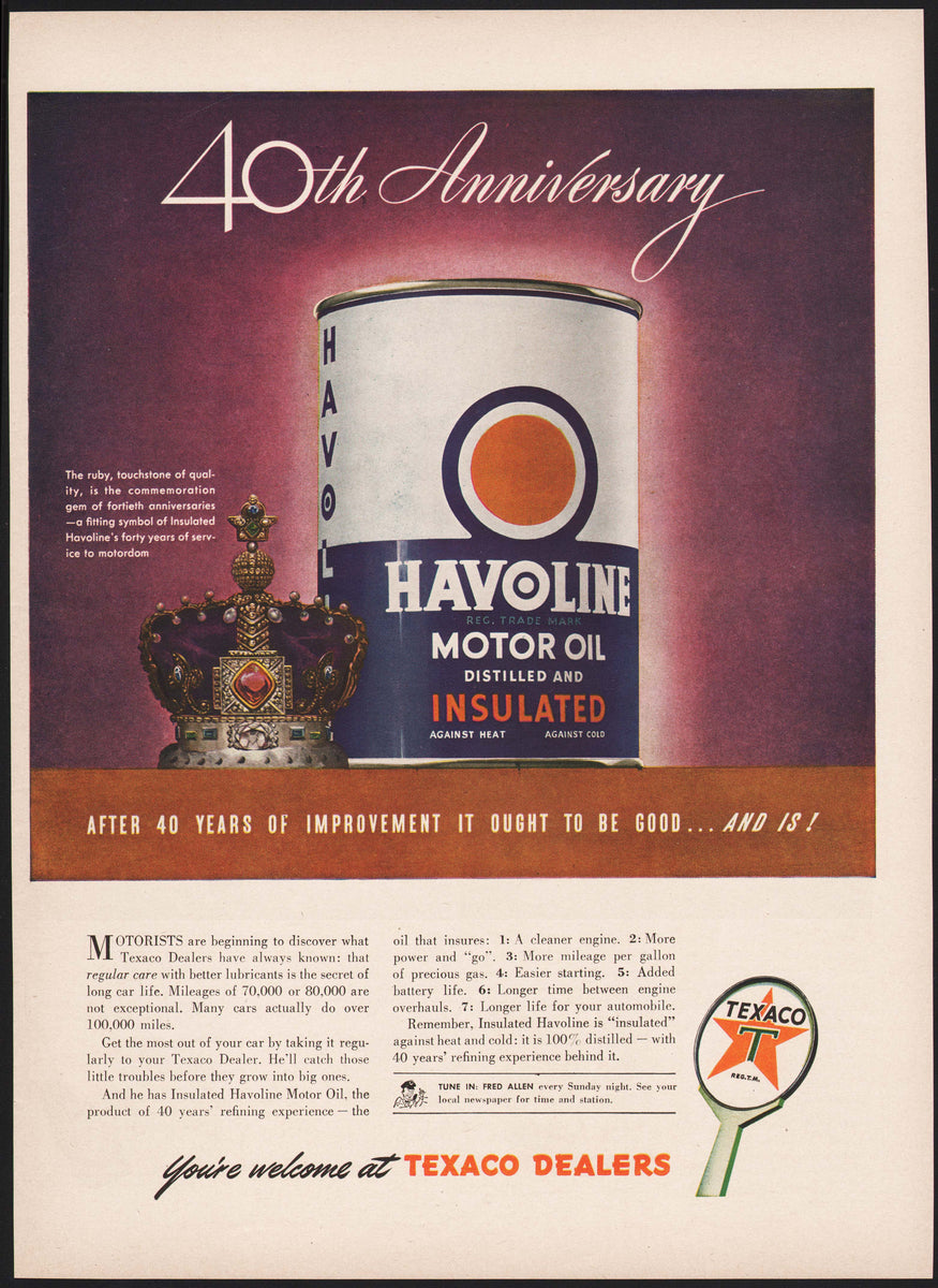 Vintage magazine ad TEXACO HAVOLINE Motor Oil 40th Anniversary 1944 sign  and can