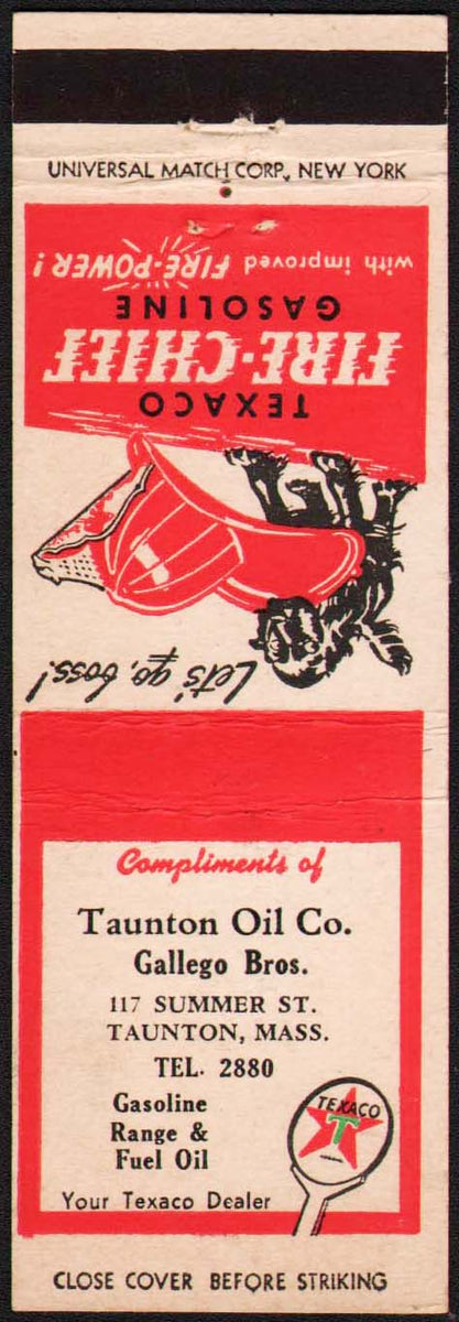 Vintage matchbook cover TEXACO FIRE CHIEF GASOLINE dog hat Taunton
