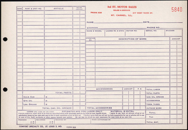 Vintage receipt 3RD ST MOTOR SALES Phone 928 Mt Carmel Illinois unused n-mint