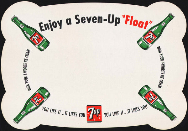 Vintage placemat ENJOY A 7 UP FLOAT You Like It slogan bottle pictured n-mint+