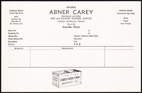 Vintage receipt ABNER CAREY invoice Grayville Illinois Warrior Wabash egg cases