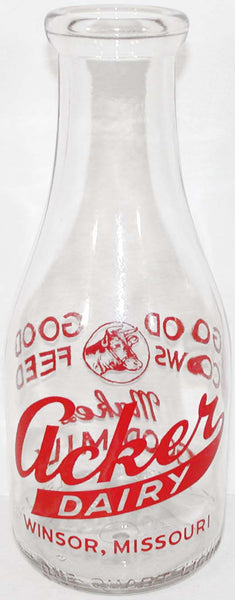 Vintage milk bottle ACKER DAIRY Winsor Missouri misspelled Windsor TRPQ pyro quart