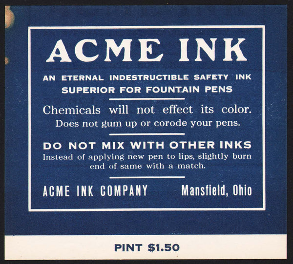 Vintage label ACME INK pint size Mansfield Ohio unused new old stock excellent++
