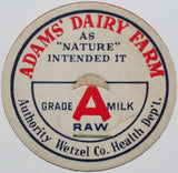 Vintage milk bottle cap ADAMS DAIRY FARM Wetzel Co New Martinsville West Virginia