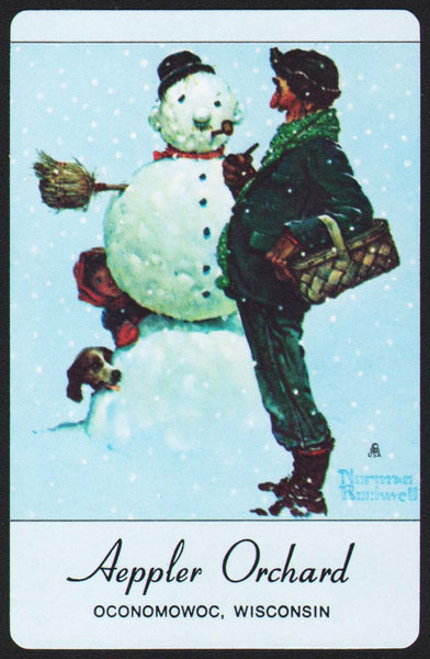 Vintage playing card AEPPLER ORCHARD snowman Rockwell art Oconomowoc Wisconsin