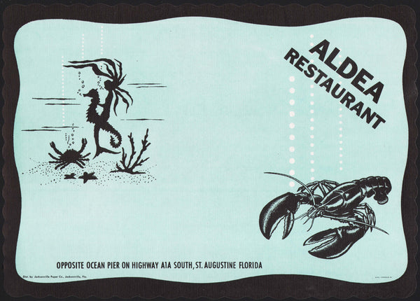 Vintage placemat ALDEA RESTAURANT mermaid and lobster pictured St Augustine Florida