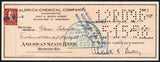 Vintage bank check ALDRICH CHEMICAL COMPANY revenue stamp Milwaukee Wisconsin