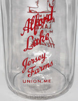Vintage milk bottle ALFORD LAKE JERSEY FARMS 2 color pyro quart TSPQ Union Maine