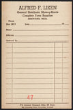 Vintage receipt ALFRED F LIKEN Massey Harris Phone 2811 Sebewaing Michigan n-mint