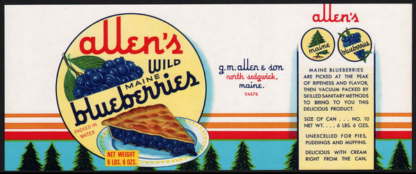 Vintage label ALLENS Wild Blueberries G M Allen and Son North Sedgwick Maine