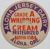 Vintage milk bottle cap ALOHA JERSEY DAIRY Whipping Cream Aloha Oregon unused