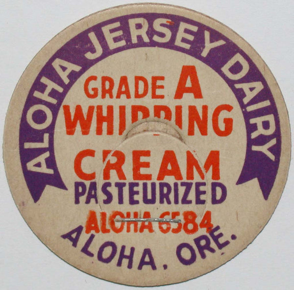 Vintage milk bottle cap ALOHA JERSEY DAIRY Whipping Cream Aloha Oregon unused