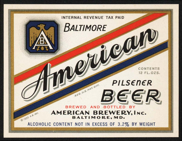Vintage label AMERICAN BEER Alcoholic Content 3.2% IRTP tax Baltimore MD unused
