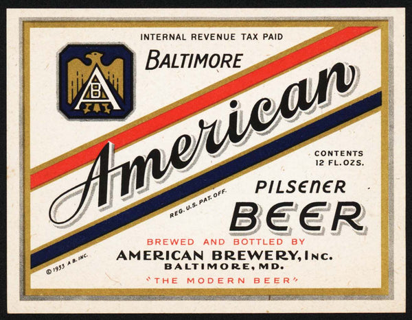 Vintage label AMERICAN BEER The Modern Beer IRTP tax Baltimore new old stock