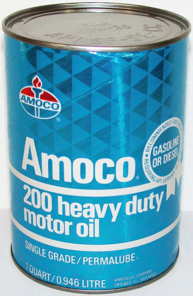 Vintage motor oil can AMOCO 200 Heavy Duty torch logo round one quart n-mint