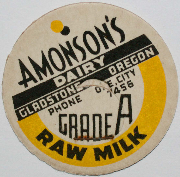 Vintage milk bottle cap AMONSONS DAIRY Raw Milk Gladstone Oregon new old stock