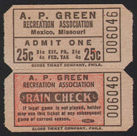 Vintage ticket A P GREEN Recreation Association Mexico Missouri unused n-mint+