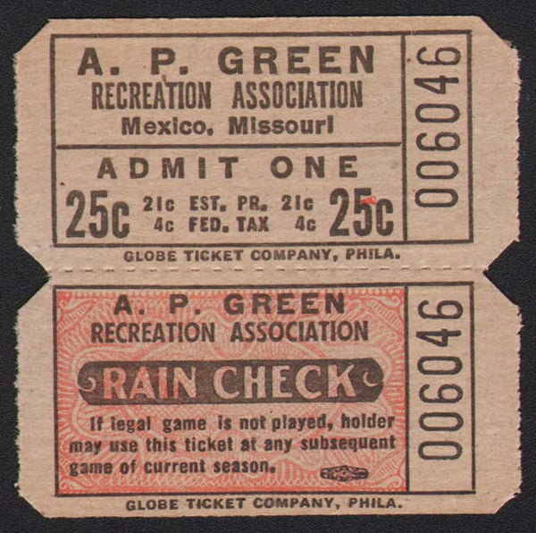 Vintage ticket A P GREEN Recreation Association Mexico Missouri unused n-mint+