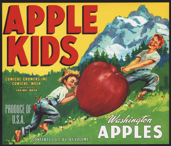 Vintage label APPLE KIDS Washington Apples Cowiche Growers Yakima unused n-mint+