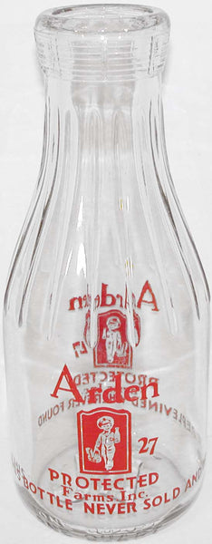 Vintage milk bottle ARDEN 27 PROTECTED FARMS boy milkman 1946 TRPQ pyro quart