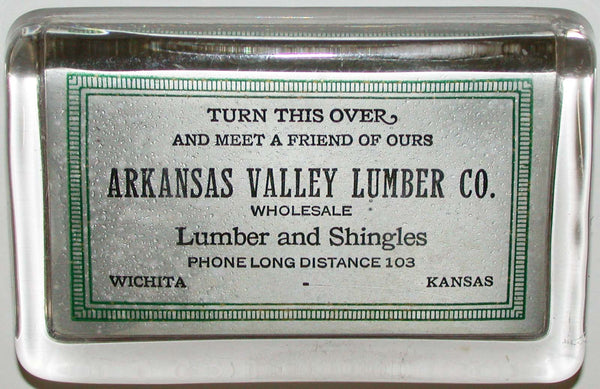 Vintage paperweight ARKANSAS VALLEY LUMBER CO mirrored Wichita Kansas n-mint