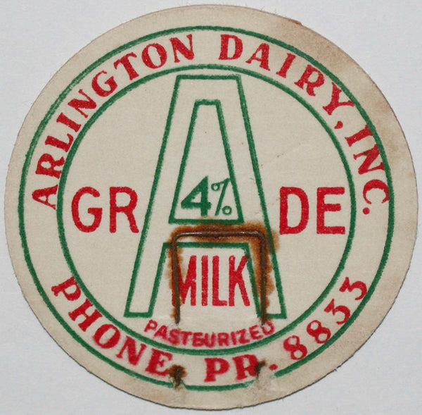 Vintage milk bottle cap ARLINGTON DAIRY INC Phone PR 8833 Washington unused