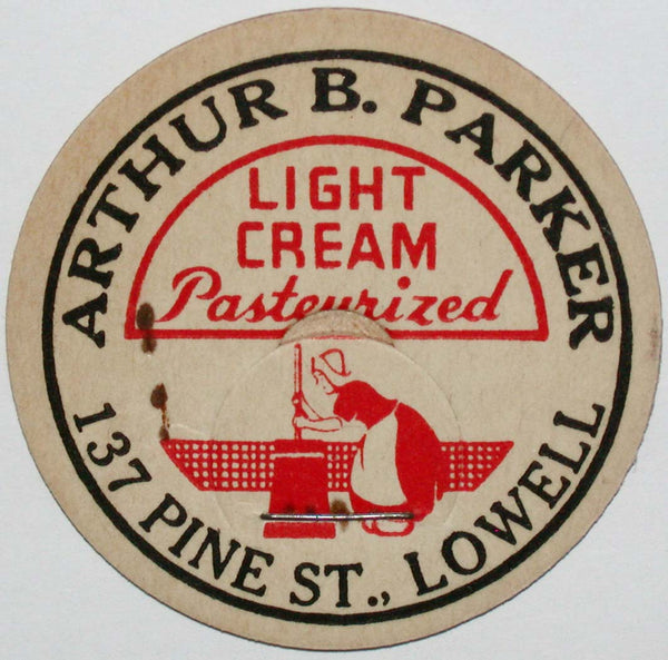 Vintage milk bottle cap ARTHUR B PARKER milkmaid pictured Lowell Massachusetts