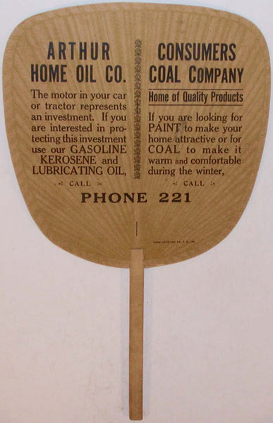 Vintage hand fan ARTHUR HOME OIL CO Consumers Coal Company Phone 221 excellent+
