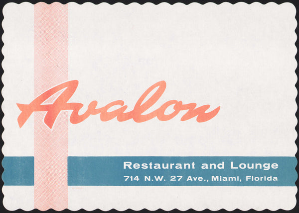 Vintage placemat AVALON RESTAURANT and LOUNGE Miami Florida n-mint+ condition