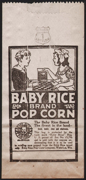 Vintage bag BABY RICE Pop Corn black graphics kids pictured Waterloo Wisconsin