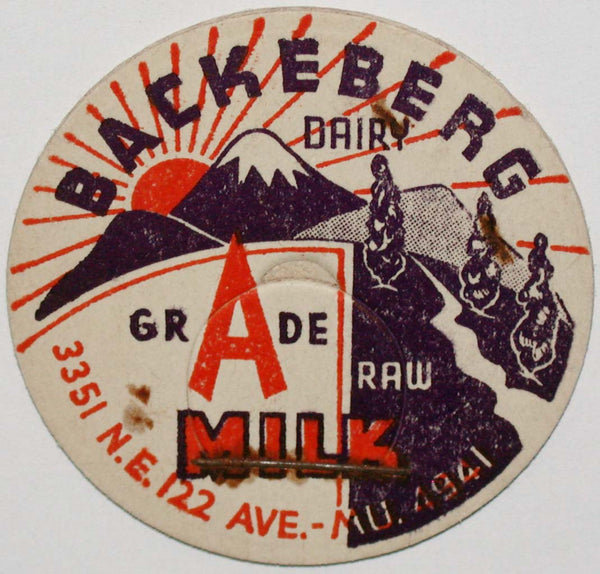 Vintage milk bottle cap BACKEBERG DAIRY Raw Milk mountains Portland Oregon unused