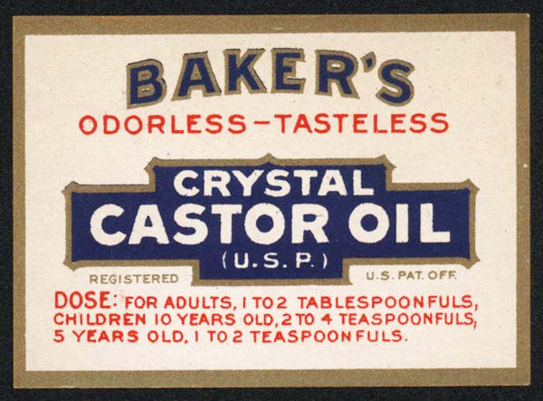 Vintage label BAKERS Crystal Castor Oil unused new old stock n-mint+ condition