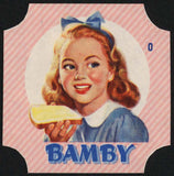 Vintage label BAMBY bread loaf end label die cut girl pictured unused n-mint+