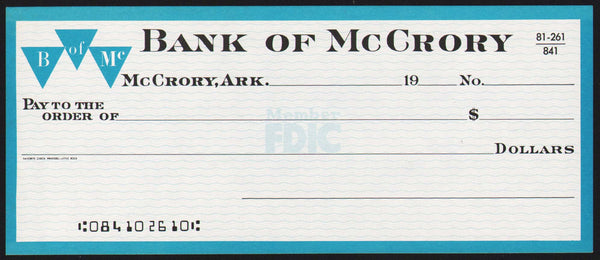 Vintage bank check BANK OF McCRORY Arkansas unused new old stock n-mint+ condition