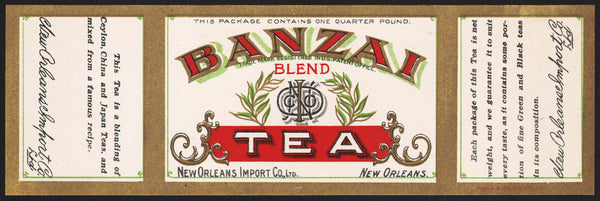 Vintage label BANZAI BLEND TEA New Orleans Import Co Louisiana new old stock