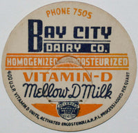 Vintage milk bottle cap BAY CITY DAIRY Vitamin D Mellow Milk Phone 7505 Michigan