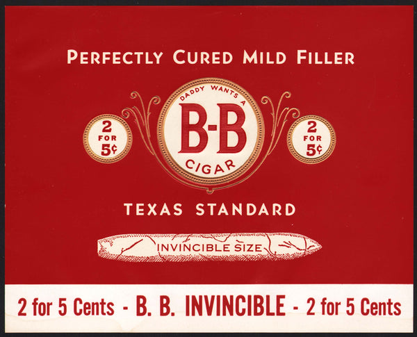 Vintage label B-B CIGAR box inner Texas Standard Invincible Size unused excellent+